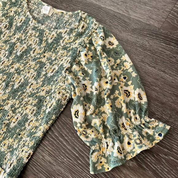 EUC Melloday Green Yellow Floral Smocked Peplum Top M Ruffle Sleeve Cottagecore - Picture 3 of 11